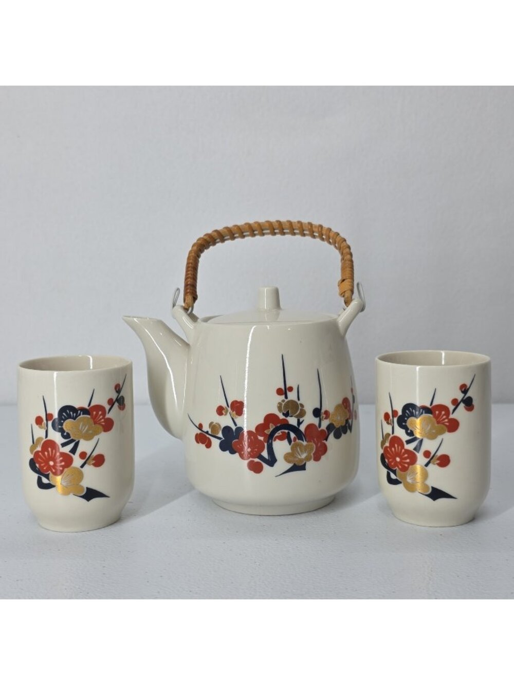 Vtg Kutani Japanese Orange Blossom Gold Saki Tea Set Bamboo Handle Made In Japan